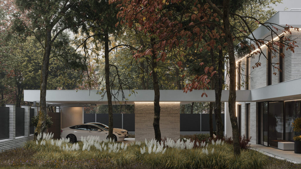 Сучасний двоповерховий будинок LHT HOUSE навіс для авто