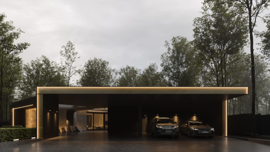 Сучасний одноповерховий будинок ELEMENS HOUSE навіс для авто